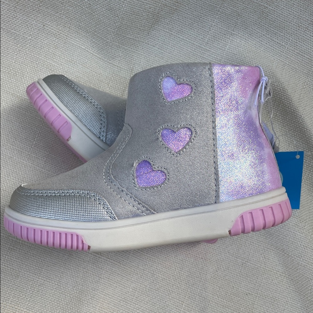 Stride Rite Girls 10 NWT Silver High-Top Sneakers Pink Accents & Heart Cutouts - Picture 8 of 13